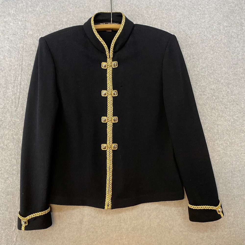St. John Collection Marie Gray Black Full Zip Cardigan Jacket Gold Trim
